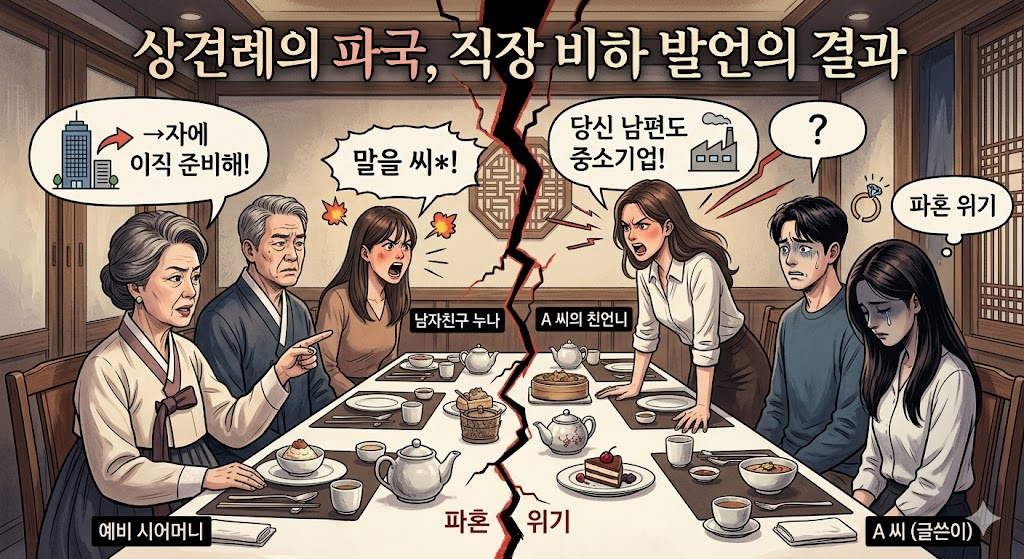 대기업 남자친구 가족과의 상견례 자리에서 예비 시어머니의 직장 비하 발언이 발단이 돼 양가 가족 간 충돌로 번지고 결국 파혼 위기까지 치달은 사연이 온라인 커뮤니티에서 화제다. 그림은 제미나이가 구성한 상견례 상황.