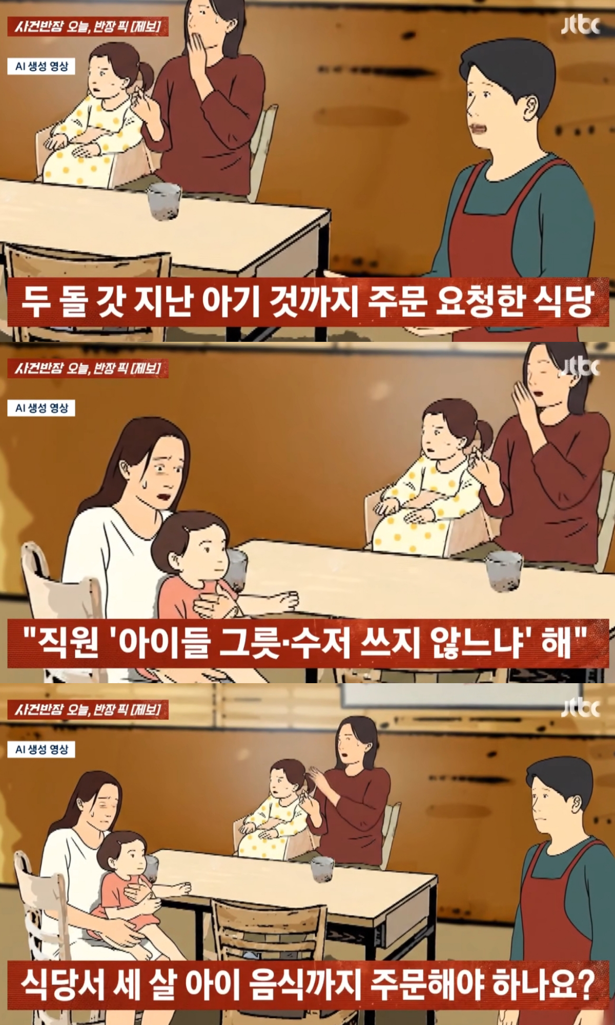 두 돌이 지난 자녀들과 식당을 방문했다가 아이들도 '1인 1메뉴'에 포함된다는 안내를 받아 당황스러웠다는 사연이 전해졌다. /사진=JTBC '사건반장' 캡처