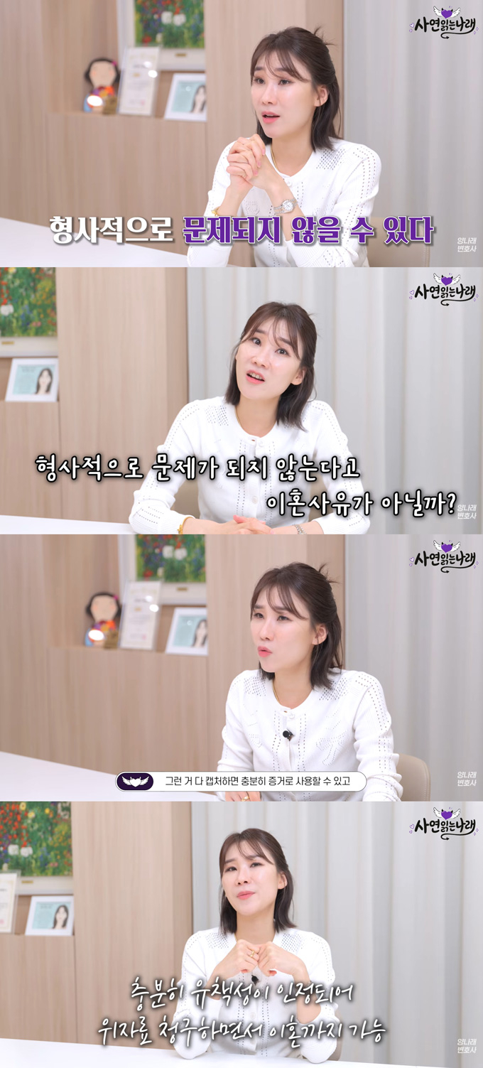 양나래 변호사가 부부싸움 때마다 남초 온라인 커뮤니티에 아내 험담 글을 올리고 모욕적인 댓글을 읽어준다는 남편을 둔 아내 사연에 이혼시 남편 측 유책성이 인정될 수 있다고 말했다.  /사진=유튜브 채널 '양나래 변호사' 영상