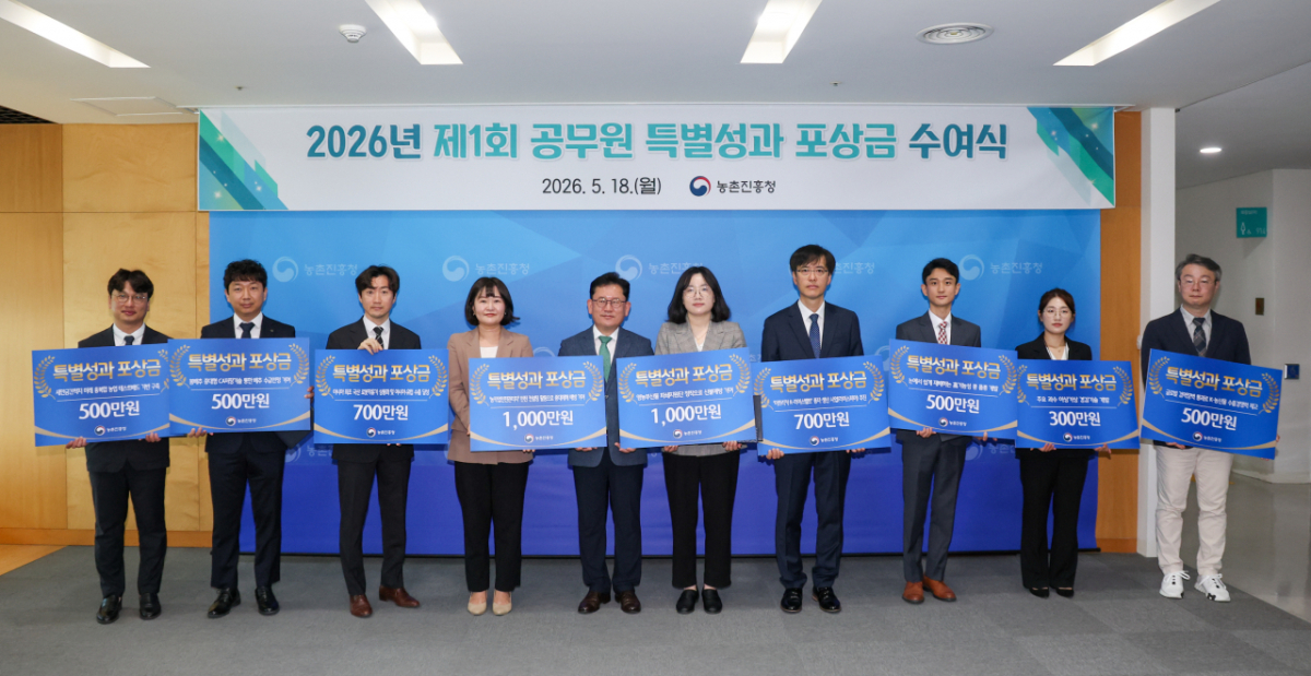 농촌진흥청 농업인안전과 유지현 농촌지도관, 국립축산과학원 낙농과 박성민 농업연구사, 기술협력국 국외농업기술과 최종서 농업연구사 등 9명이 18일 포상금 5700만원을 받았다. /사진=농촌진흥청