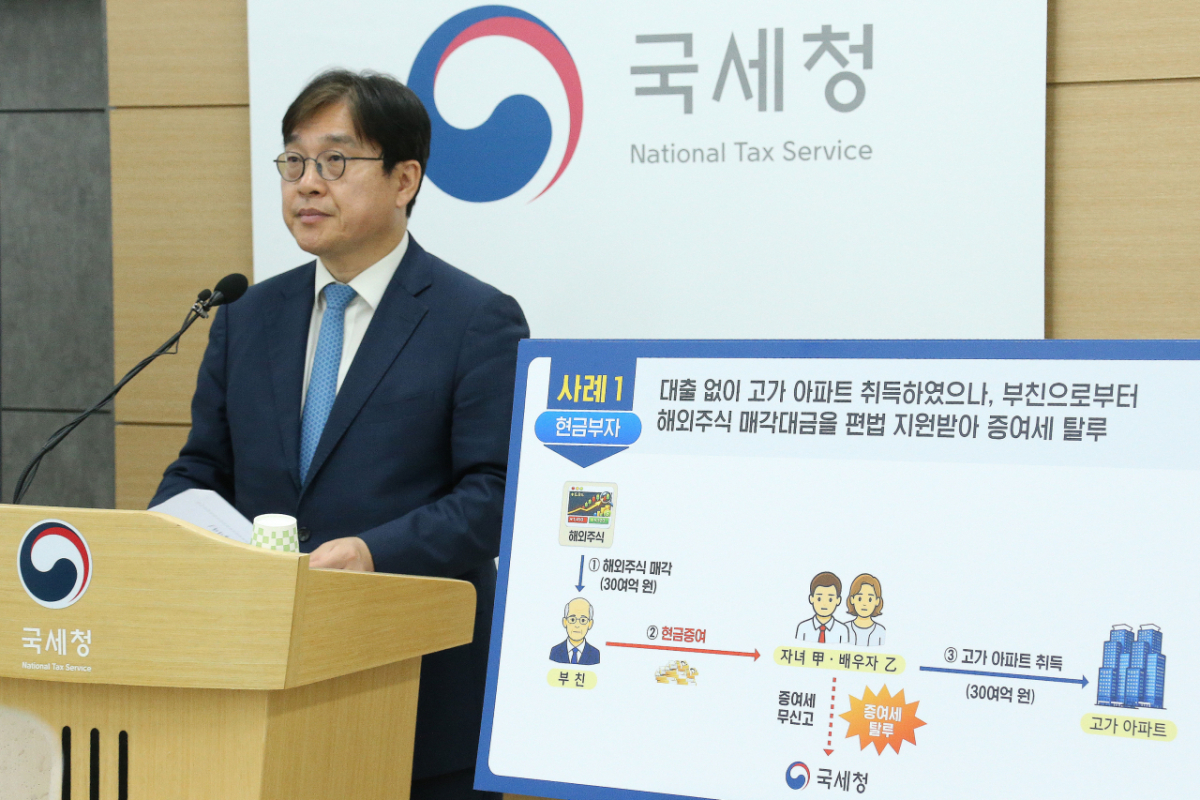오상훈 국세청 자산과세국장이 19일 대출규제 밖 현금부자, 시세차익을 노린 다주택자 등 부동산 탈세혐의자 127명에 대한 세무조사 브리핑을 하고 있다./사진=국세청 제공.