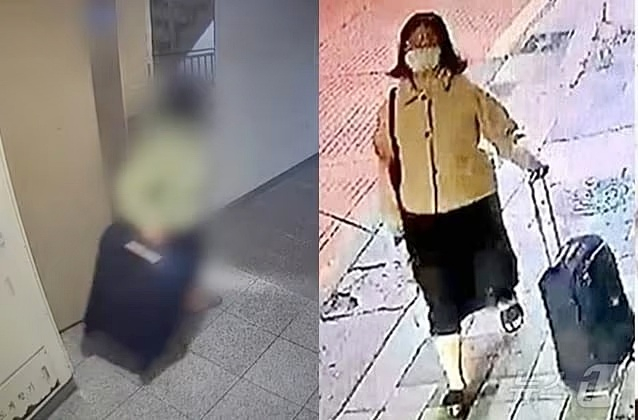 정유정이 2023년 5월 26일 범행 이후 자신의 집으로 가 여행용 가방을 챙겨나온 뒤 다시 피해자 집으로 향하는 모습./사진=부산경찰청 제공
