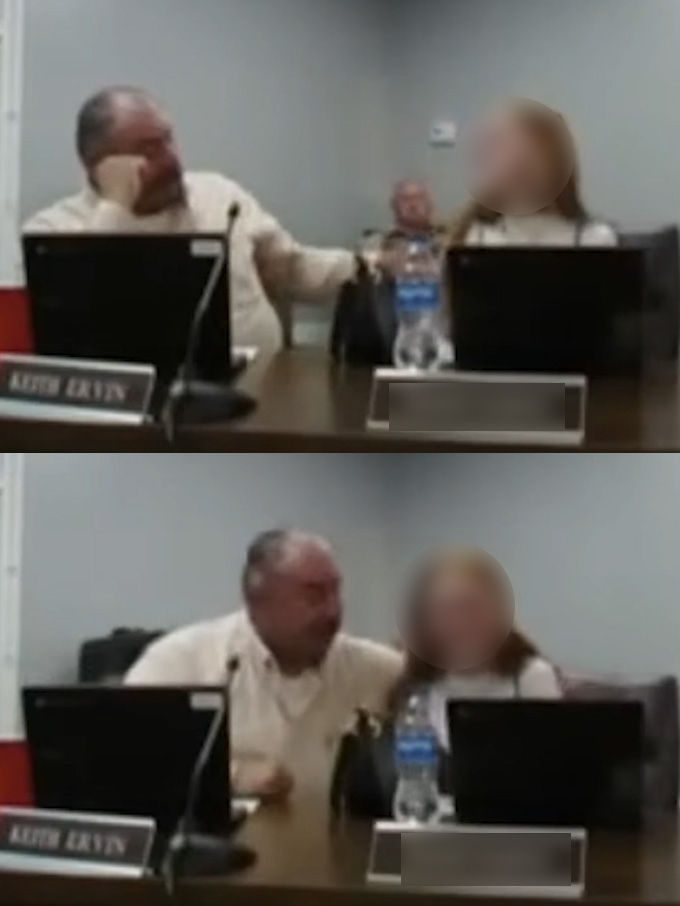 미국 테네시주 워싱턴 카운티 키스 어빈 교육위원이 지난달 2일(현지시간) 생중계 되던 회의에서 학생위원으로 참석한 고등학생에게 부적절한 발언과 행동을 해 폭행 혐의로 기소됐다. /사진=미국 테네시주 워싱턴 카운티 교육위원회