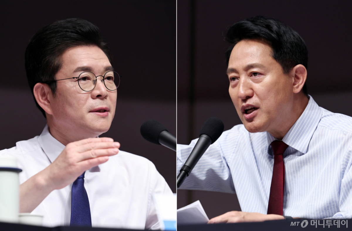 (서울=뉴스1) 구윤성 기자 = 정원오 더불어민주당 서울시장 후보(왼쪽)와 오세훈 국민의힘 서울시장 후보가 20일 오전 서울 중구 한국프레스센터에서 열린 관훈클럽 초청 토론회에서 각각 발언하고 있다. 2026.5.20/뉴스1 Copyright © 뉴스1. All rights reserved. 무단 전재 및 재배포, AI학습 이용 금지. /사진=(서울=뉴스1) 구윤성 기자
