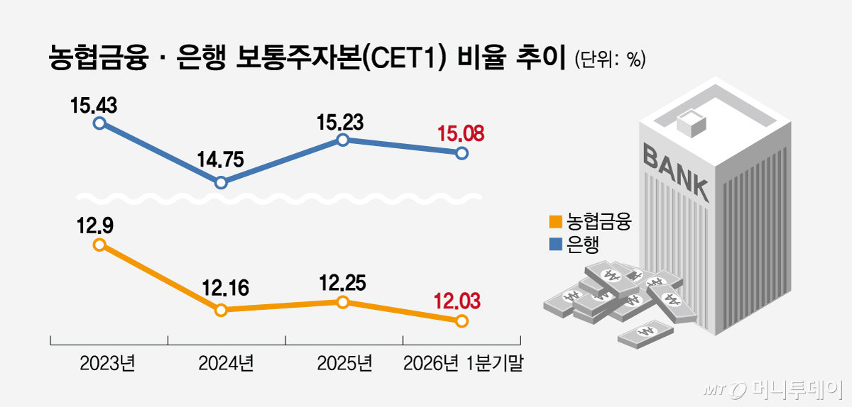 농협금융·은행 보통주자본(CET1) 비율 추이/그래픽=임종철