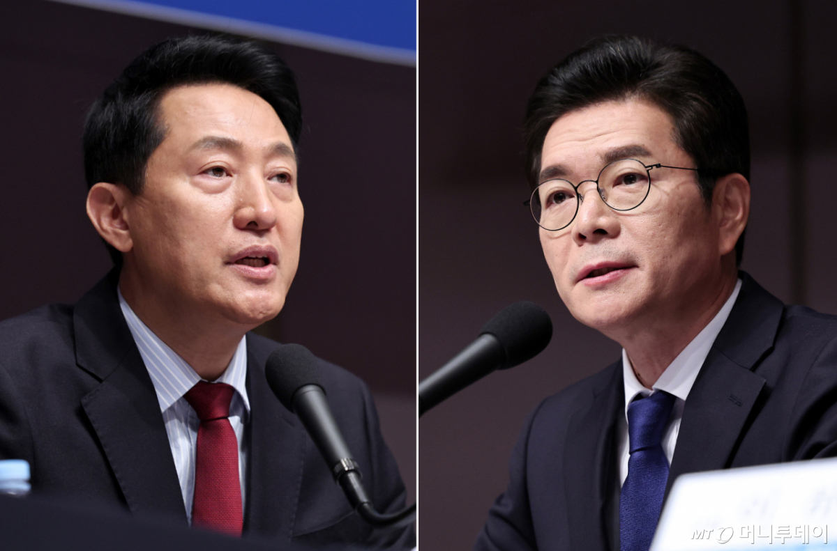 (서울=뉴스1) 구윤성 기자 = 정원오 더불어민주당 서울시장 후보(왼쪽)와 오세훈 국민의힘 서울시장 후보가 20일 오전 서울 중구 한국프레스센터에서 열린 관훈클럽 초청 토론회에서 각각 발언하고 있다. 2026.5.20/뉴스1  Copyright © 뉴스1. All rights reserved. 무단 전재 및 재배포,  AI학습 이용 금지. /사진=(서울=뉴스1) 구윤성 기자