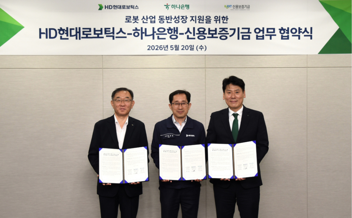 HD현대로보틱스가 20일 대구 본사에서 하나은행, 신용보증기금과 ‘차세대 로봇 솔루션 개발 및 해외시장 진출 활성화를 위한 상생 금융지원 업무협약(MOU)’를 체결했다. 왼쪽부터 채병호 신용보증기금 이사, 박종찬 HD현대로보틱스 생산지원 부문장, 천병주 하나은행 종로영업본부 지역대표 본부장