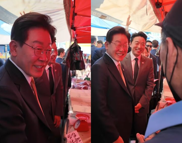 지난 14일 성남 모란시장을 찾은 이재명 대통령에게 한 상인이 다가와 "덕분에 증권에 성공했다"고 말한 영상이 화제다. /사진=유튜브 채널 '이재명tv' 갈무리
