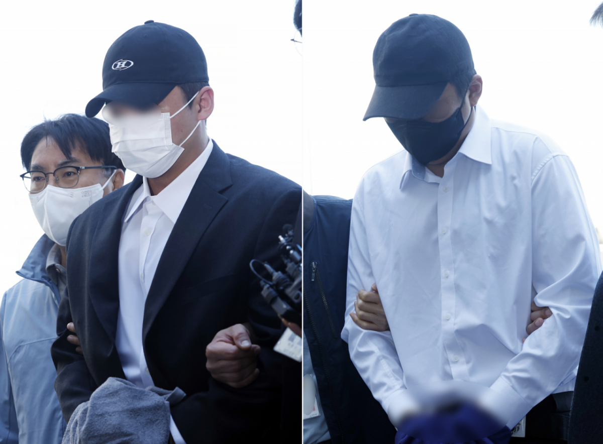 고(故) 김창민 영화감독을 폭행해 숨지게 한 혐의를 받는 피의자 이모씨(32)와 임모씨(32) 2명이 지난 4일 오전 경기도 남양주시 다산중앙로 의정부지법 남양주지원으로 구속 전 피의자 심문(영장실질심사)을 받기 위해 들어오고 있다./사진=뉴스1