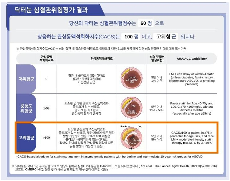 김혜경 교수가 닥터눈 CVD 검사로 찾아낸 심혈관질환 고위험군 환자 사례. 혈관 내 플라크가 광범위하게 있는 상태로, 심각한 관상동맥 협착 질환 발생 가능성이 높다고 알려준다. /자료제공=세브란스병원