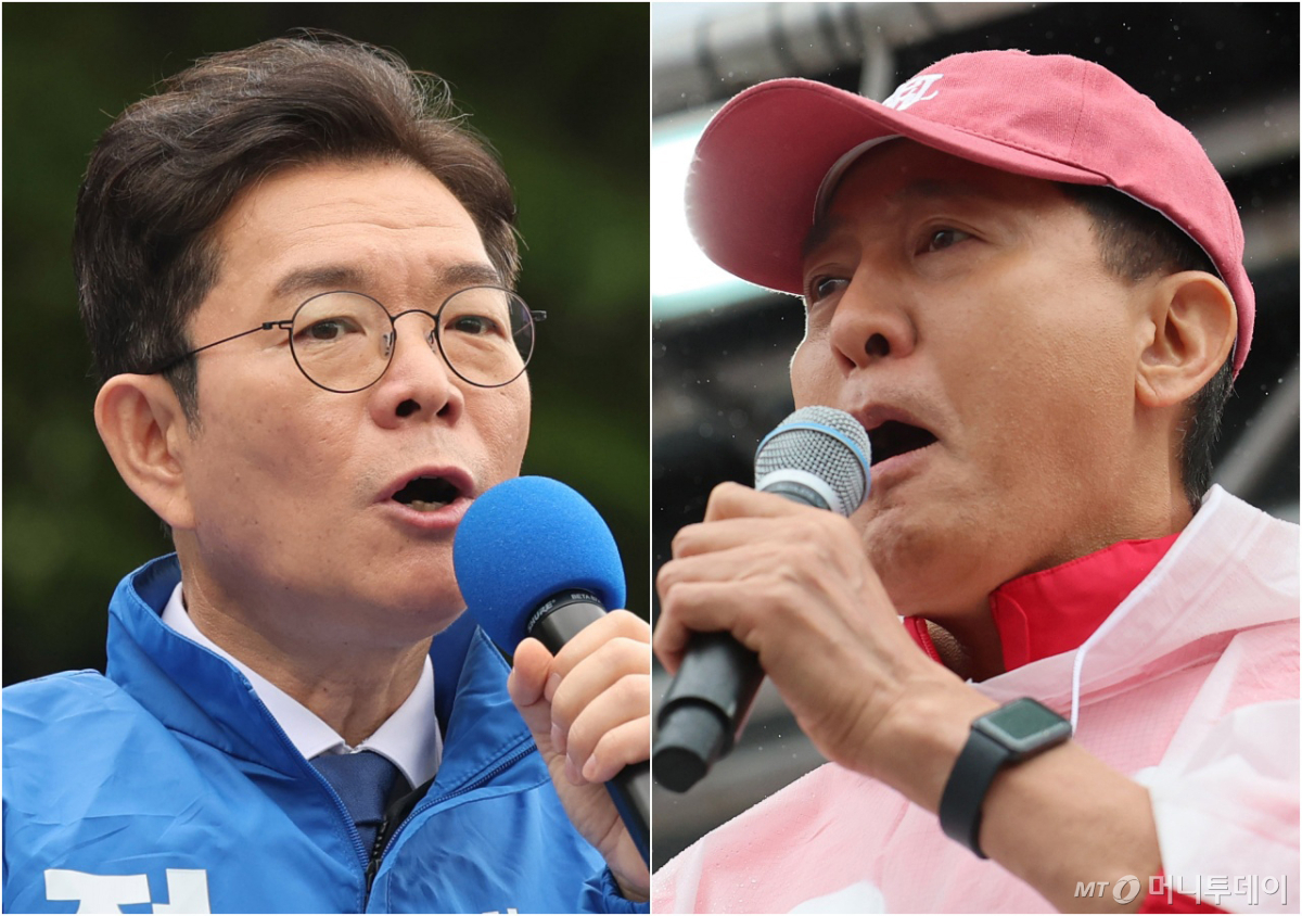 (서울=뉴스1) 김진환 기자 = 정원오 더불어민주당 서울시장 후보(왼쪽)와 오세훈 국민의힘 서울시장 후보가 제9회 전국동시지방선거 공식 선거운동이 시작된 21일 서울 성동구 왕십리역 광장과 강북구 삼양사거리에서 유권자들에게 지지를 호소하고 있다. 2026.5.21/뉴스1 Copyright © 뉴스1. All rights reserved. 무단 전재 및 재배포, AI학습 이용 금지. /사진=(서울=뉴스1) 김진환 기자