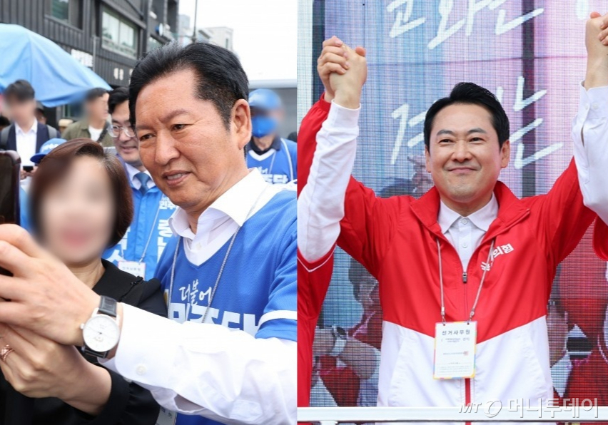 정청래 더불어민주당 대표와 장동혁 국민의힘 대표가 21일 선거운동 첫날 충청지역을 찾아 중원 표심 구애에 나섰다. /사진=뉴스1, 뉴시스