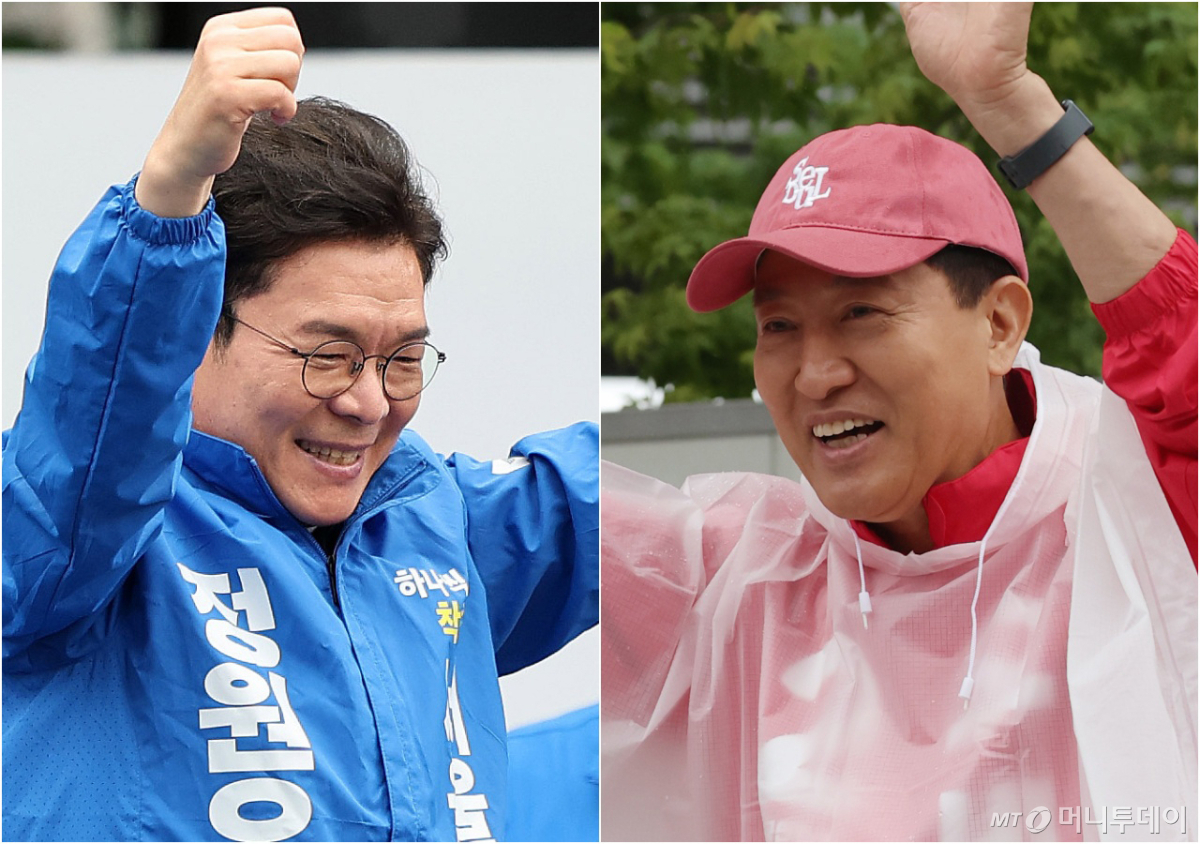 (서울=뉴스1) 김진환 기자 = 정원오 더불어민주당 서울시장 후보(왼쪽)와 오세훈 국민의힘 서울시장 후보가 제9회 전국동시지방선거 공식 선거운동이 시작된 21일 서울 성동구 왕십리역 광장과 강북구 삼양사거리에서 유권자들에게 지지를 호소하고 있다. 2026.5.21/뉴스1 Copyright © 뉴스1. All rights reserved. 무단 전재 및 재배포, AI학습 이용 금지. /사진=(서울=뉴스1) 김진환 기자