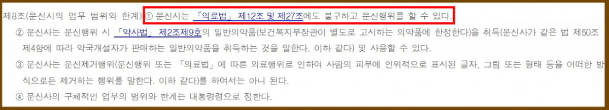 문신사법 제8조. 빨간 네모 안의 문구가 1항으로, 보건복지부가 개정을 검토하고 있다. /사진=국회법률정보시스템