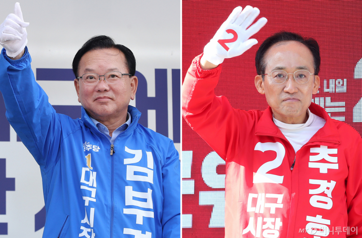 (대구=뉴스1) 공정식 기자 = 6·3 지방선거 공식 선거운동 이틀째인 22일 오전 김부겸 더불어민주당 대구시장 후보(왼쪽)가 대구 중구 반월당사거리에서 출근길 시민들을 향해 인사하고 있다. 추경호 국민의힘 대구시장 후보는 이날 오전 수성구 범어네거리에서 출근길 아침 인사를 하고 있다.  두 후보자의 아침 인사 위치가 전날 오전과 정반대로 바뀐 상황이다. 2026.5.22/뉴스1  Copyright © 뉴스1. All rights reserved. 무단 전재 및 재배포,  AI학습 이용 금지. /사진=(대구=뉴스1) 공정식 기자