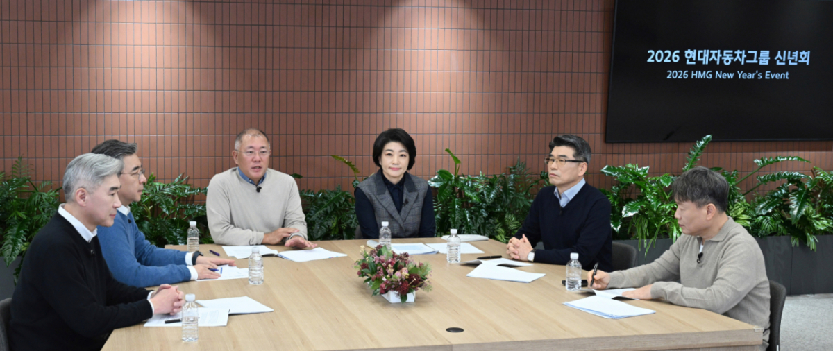 (서울=뉴스1) = 정의선 현대자동차그룹이 5일 개최된 2026년 신년회에서 그룹 임직원들에게 새해 메시지를 전하고 있다. 왼쪽부터 현대차그룹 성 김 사장, 현대차그룹 장재훈 부회장, 현대차그룹 정의선 회장, 현대차그룹 김혜인 부사장, 기아 송호성 사장, 현대모비스 이규석 사장 (현대차·기아 제공. 재판매 및 DB 금지) 2026.1.5/뉴스1 Copyright © 뉴스1. All rights reserved. 무단 전재 및 재배포, AI학습 이용 금지. /사진=(서울=뉴스1)