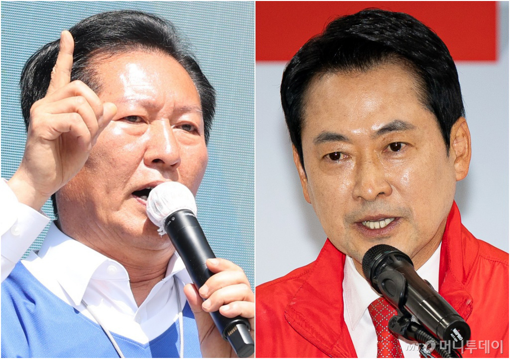 (전주·대구=뉴스1) 유경석 기자,유승관 기자 = 정청래 더불어민주당 대표(왼쪽)와 장동혁 국민의힘 대표가 25일 각각 전북 전주시 전북대학교 구정문 앞과 대구 수성구 국민의힘 대구시당에서 열린 대구·경북 공동 비전선포식에서 인사말을 하고 있다. 2026.5.25/뉴스1 Copyright © 뉴스1. All rights reserved. 무단 전재 및 재배포, AI학습 이용 금지. /사진=(전주·대구=뉴스1) 유경석 기자,유승관 기자