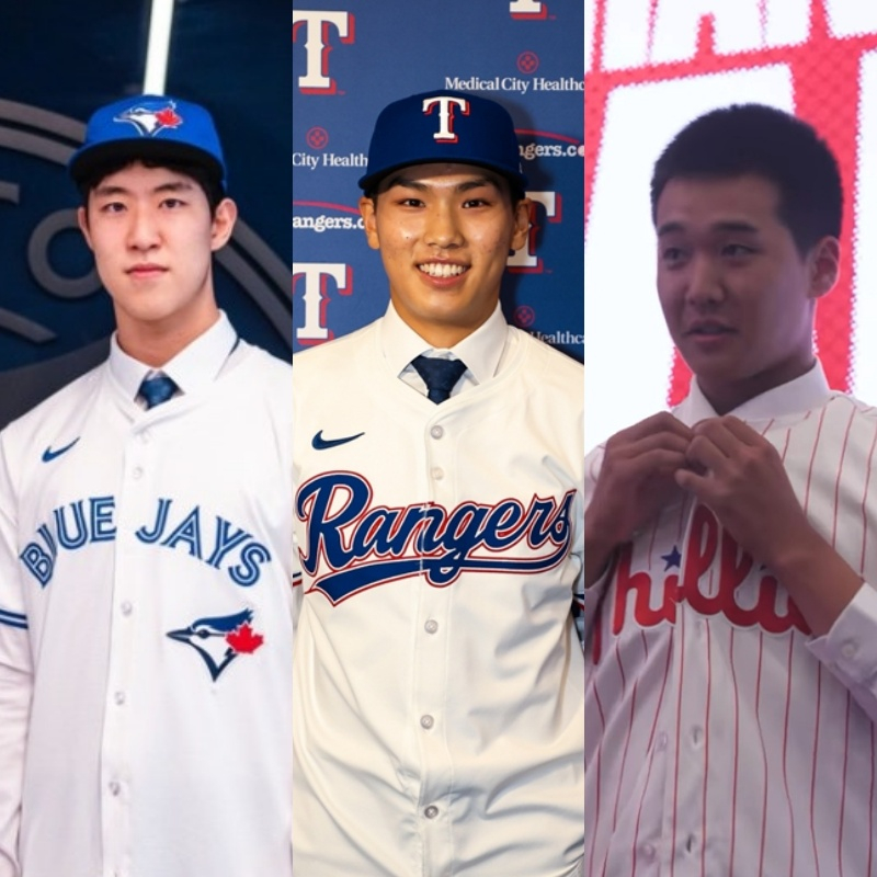 왼쪽부터 토론토 문서준, 텍사스 김성준, 필라델피아 박찬민. /사진=토론토 블루제이스, 텍사스 레인저스, 필라델피아 필리스 구단 공식 SNS 갈무리