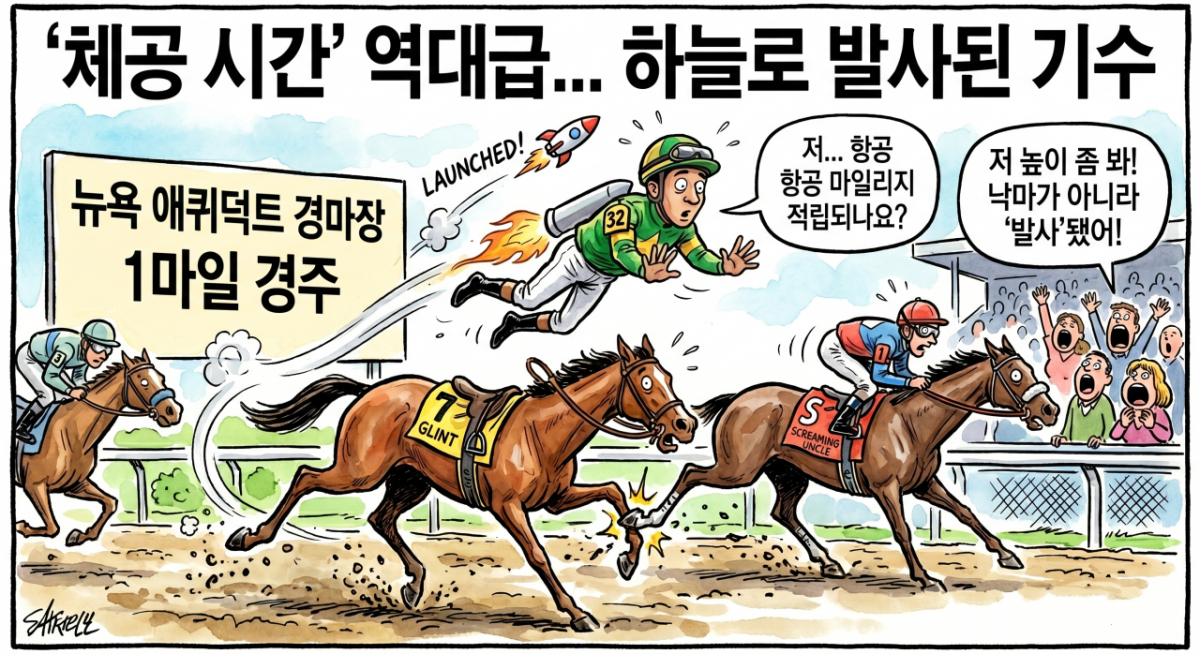 뉴욕 애퀴덕트 경마장의 경주 중 벌어진 낙마 사고를 풍자한 만평. '글린트'에서 튕겨 나간 기수가 하늘로 '발사'되는 듯한 장면을 담고 있다. /그래픽=인공지능(AI) 생성형 이미지