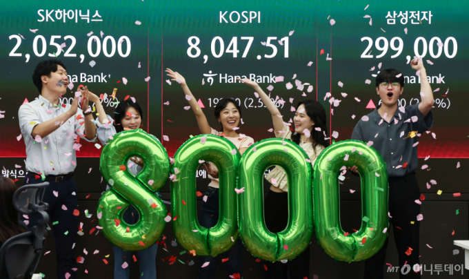 코스피 지수가 종가 기준 최초로 8,000대를 기록한 26일 오후 서울 중구 하나은행 본점 딜링룸에서 직원들이 축하 세레머니를 하고 있다. 이날 코스피는 전 거래일보다 99.80포인트(2.55%) 오른 8047.51, 코스닥 지수는 전 거래일보다 11.39포인트(0.98%) 상승한 1172.52에 거래를 마쳤다. /뉴스1