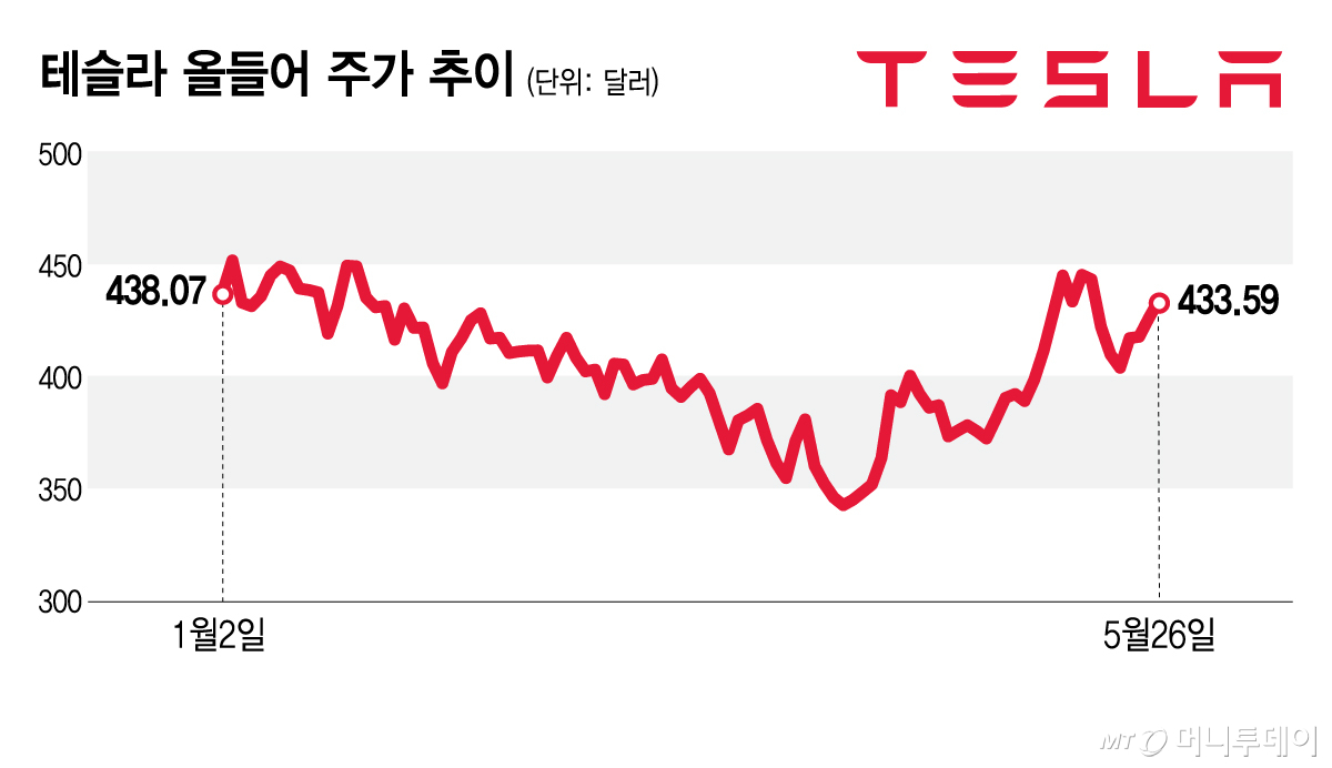 테슬라 올들어 주가 추이/그래픽=김지영