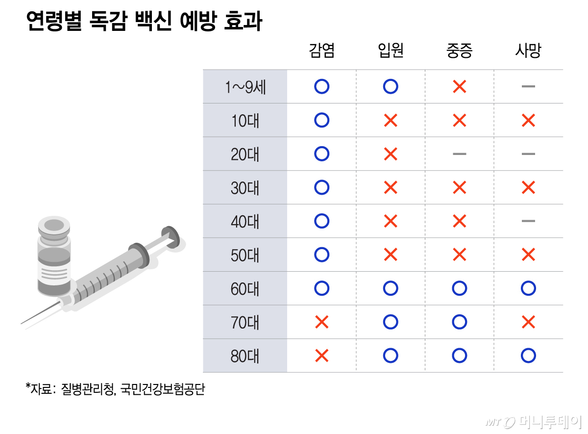 연령별 독감 백신 예방 효과/그래픽=이지혜