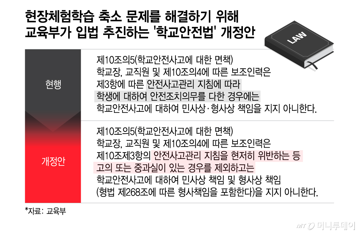 현장체험학습 축소 문제를 해결하기 위해 교육부가 입법 추진하는 '학교안전법' 개정안/그래픽=이지혜