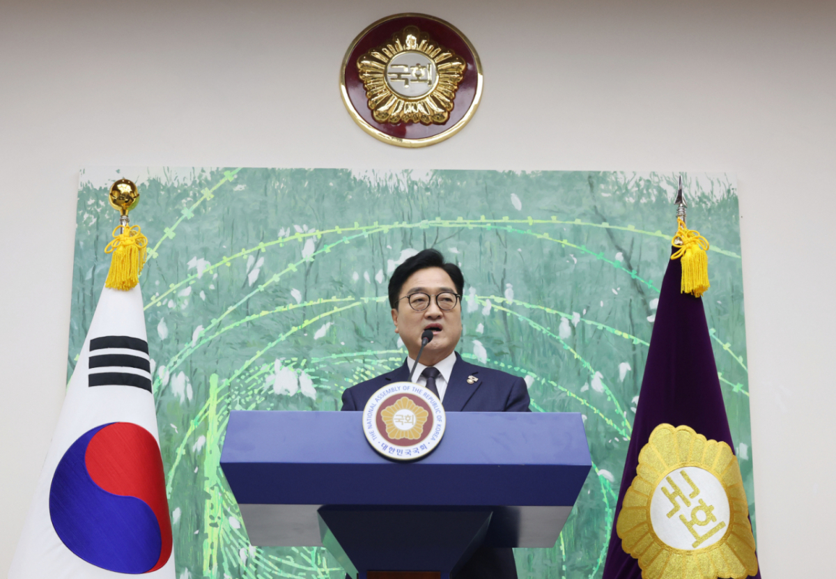 우원식 국회의장이 28일 오전 서울 여의도 국회에서 열린 퇴임 기자회견에서 발언을 하고 있다. /사진=뉴시스
