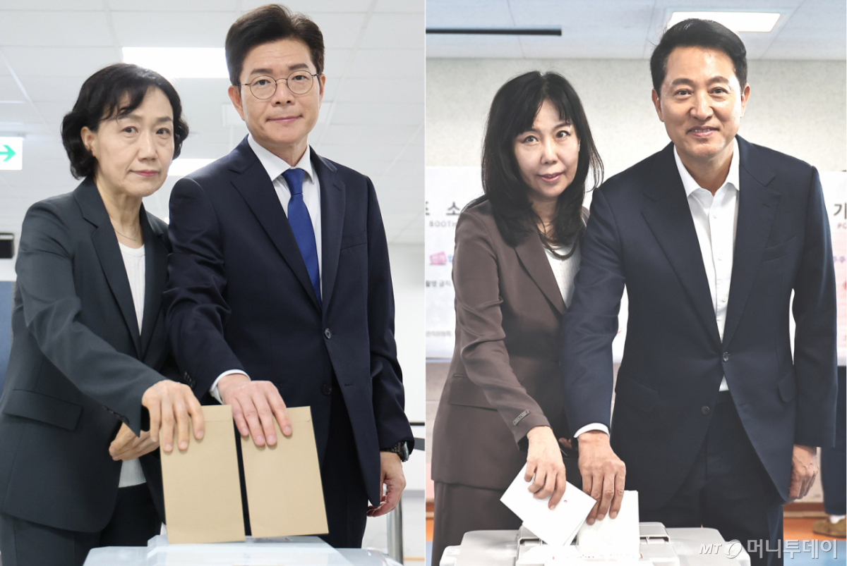 [서울=뉴시스] 황준선 김혜진 기자 = 정원오(왼쪽) 더불어민주당 서울시장 후보 내외와 오세훈 국민의힘 서울시장 후보 내외가 29일 서울 중구 소공동행정복합청사에 마련된 사전투표소와 용산구 한남동 주민센터에 마련된 사전투표소에서 각각 소중한 한표를 행사하고 있다. (사진=뉴시스DB) 2026.05.29. photo@newsis.com /사진=