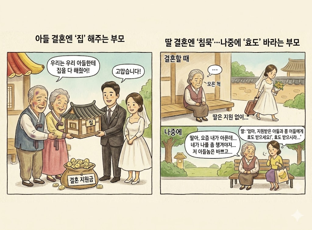구글 제미나이로 그려본 어느 가족의 아들·딸 결혼 지원 상황. 아들에게는 집을 마련해주고 딸의 결혼은 ‘모르쇠’했다는 가족의 사연에 누리꾼들이 갑론을박을 벌였다.