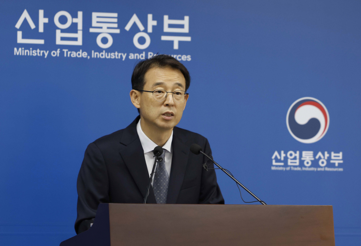 강감찬 산업통상부 무역투자실장이 1일 오전 정부세종청사 산업부 기자실에서 5월 수출입 동향 브리핑을 하고 있다. /사진제공=산업통상부