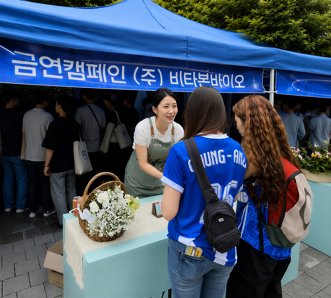 지난달 21, 22일 서울 동작구 중앙대학교에서 진행한 비타본바이오의 금연캠페인의 방문객들이 제품 설명을 듣고 있다./사진제공=비타본바이오