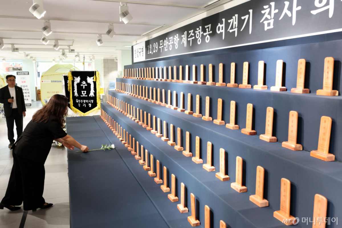 (광주=뉴스1) 이승현 기자 = 10일 오전 광주 동구 YMCA 1층에 마련된 12·29 무안공항 제주항공 여객기 참사 시민 분향소에서 유가족이 헌화하고 있다. 2026.5.10/뉴스1 Copyright © 뉴스1. All rights reserved. 무단 전재 및 재배포, AI학습 이용 금지. /사진=(광주=뉴스1) 이승현 기자
