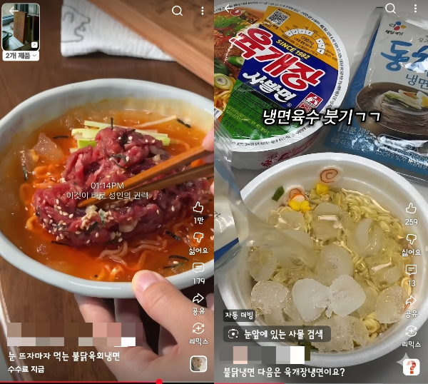 (왼쪽부터) 불닭육회냉면, 육개장사발면냉면. /사진=유튜브 쇼츠 갈무리
