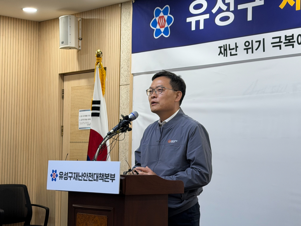 손재일 한화에어로스페이스 대표이사가 2일 오후 대전 유성구청에서 발언하고 있다./사진=민수정 기자.
