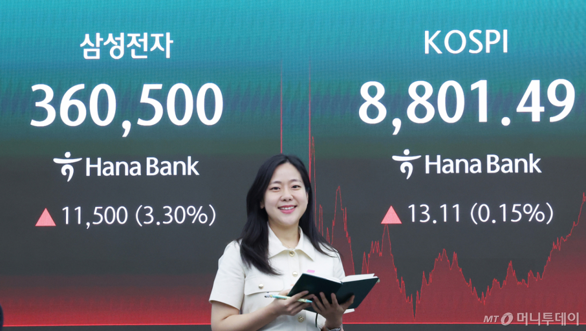 (서울=뉴스1) 김성진 기자 = 코스피 지수가 8800선을 돌파하며 최고치를 경신한 2일 서울 중구 하나은행 본점 딜링룸 전광판에 종가가 나오고 있다. 이날 코스피는 전일 종가와 비교해 13.11포인트(p)(0.15%) 상승한 8801.49, 코스닥은 전일 대비 24.00포인트(p)(2.29%) 하락한 1026.03로 마감했다. 서울외환시장에서 달러·원 환율은 전일 오후 3시 30분 주간종가 대비 12.1원 오른 1516.4원으로 오후 거래를 마쳤다. 2026.6.2/뉴스1 Copyright © 뉴스1. All rights reserved. 무단 전재 및 재배포, AI학습 이용 금지. /사진=(서울=뉴스1) 김성진 기자