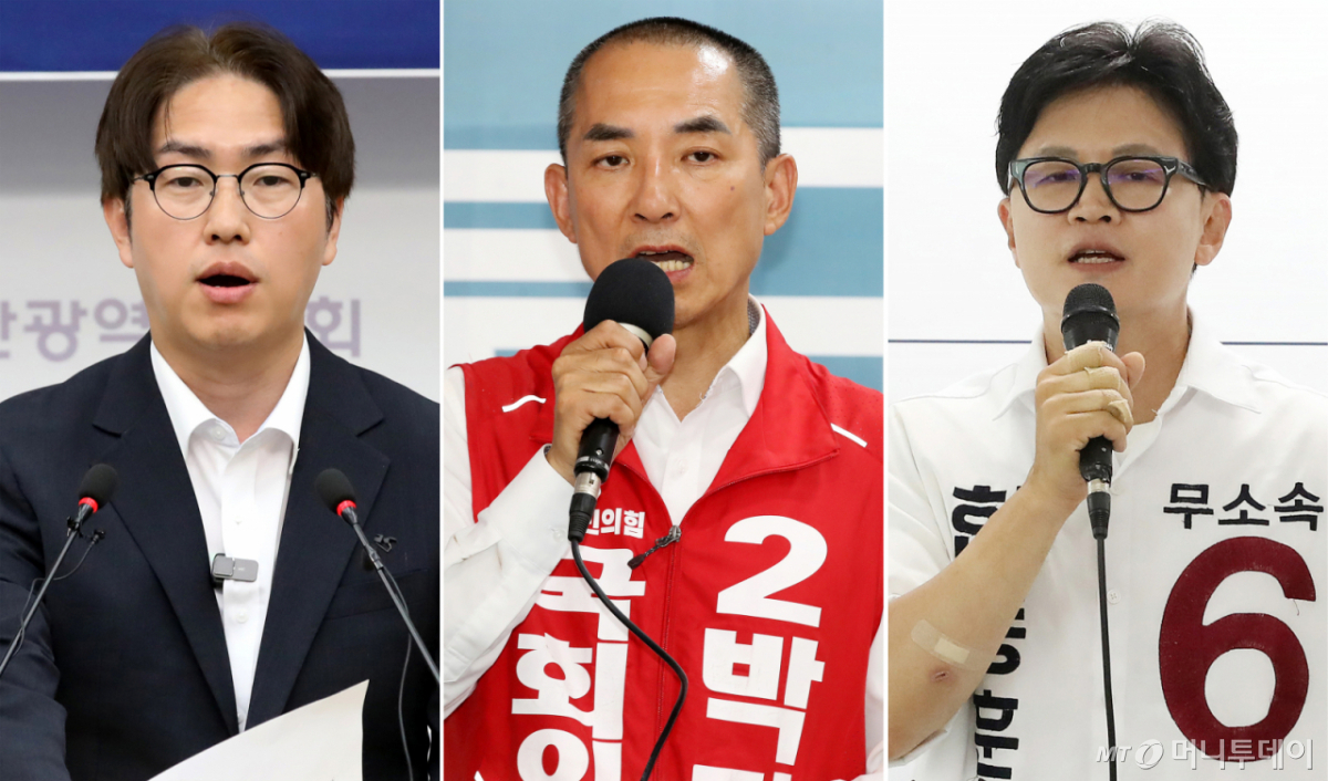 (부산=뉴스1) 윤일지 기자 = 부산 북구갑 국회의원 후보들이 1일 기자회견을 열고 지지를 호소하고 있다. 이날 부산시의회 브리핑룸에서 기자회견하는 하정우 더불어민주당 후보(왼쪽부터), 북구 선거사무소에서 기자회견하는 박민식 국민의힘 후보, 북구 선거사무소에서 기자회견하는 한동훈 무소속 후보. 2026.6.1/뉴스1 Copyright © 뉴스1. All rights reserved. 무단 전재 및 재배포, AI학습 이용 금지. /사진=(부산=뉴스1) 윤일지 기자