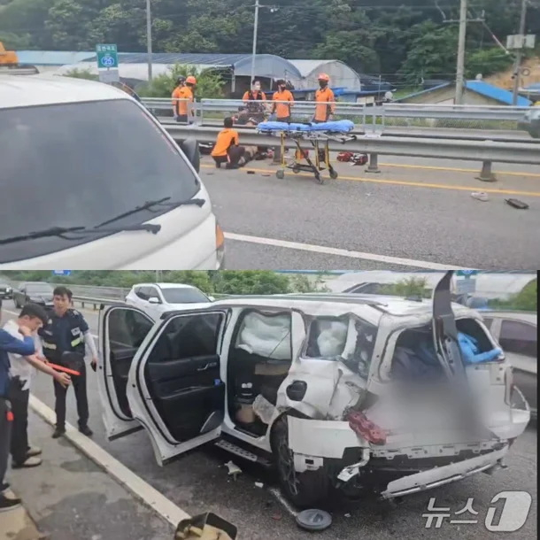 지난 2일 오후 1시30분쯤 경북 상주 25번 국도에서 3.5톤 화물차가 자전거와 이를 에스코트하던 SUV를 잇달아 들이받았다. 이 사고로 자전거 운전자 40대 A씨가 사망하고 SUV 운전자 B씨가 중상을 입었다. 사진은 사고 현장 모습./사진=뉴스1