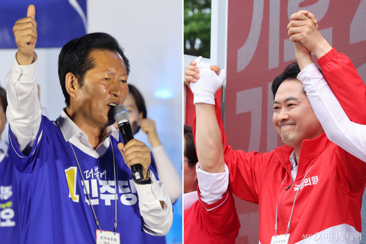 (서울=뉴스1) 신웅수 기자,황기선 기자 = 정청래 더불어민주당 대표와 장동혁 국민의힘 대표가 2일 서울 청계광장과 충남 청양재래시장에서 각각 시민들에게 지지를 호소하고 있다. 2026.6.2/뉴스1 Copyright © 뉴스1. All rights reserved. 무단 전재 및 재배포, AI학습 이용 금지. /사진=(서울=뉴스1) 신웅수 기자,황기선 기자