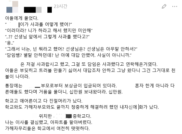 A씨가 SNS에 올린 아들 학폭 사건 글 일부. /사진=SNS 갈무리
