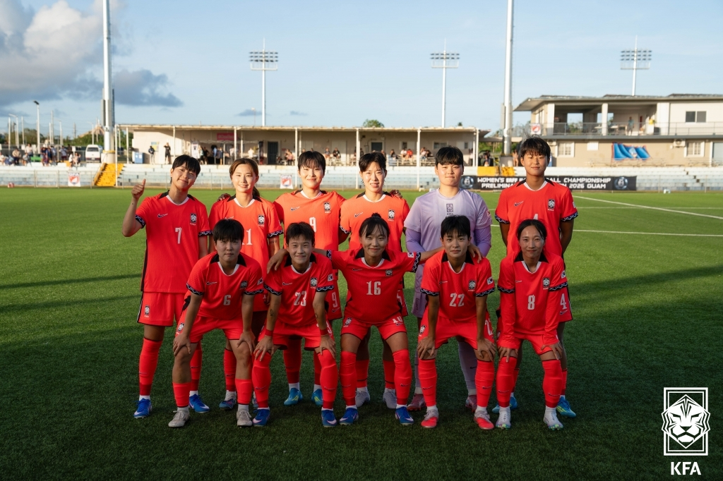 3일 오후 5시(한국시간) 괌축구협회 트레이닝센터 2구장에서 열린 2026 동아시아축구연맹(EAFF) E-1 풋볼 챔피언십(동아시안컵) 예선 1차전 괌전에 나선 대한민국 여자대표팀 선수들. /사진=대한축구협회 제공