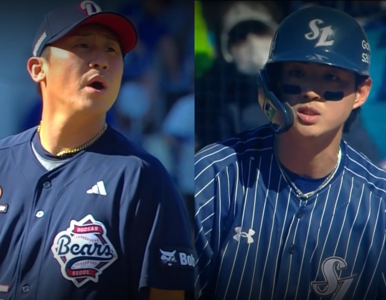 5월 31일 대구 경기 6회말 두산 투수 이용찬(왼쪽)과 삼성 구자욱의 모습. /사진=중계 화면 캡처