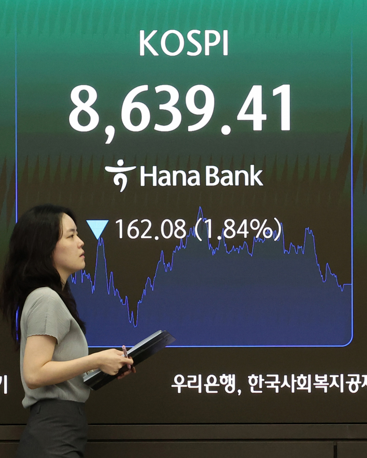[서울=뉴시스] 김선웅 기자 = 코스피가 전 거래일(8801.49)보다 162.08포인트(1.84%) 내린 8639.41에 거래를 마감한 4일 오후 서울 중구 하나은행 본점 딜링룸 전광판에서 마감시황이 표시되고 있다. 2026.06.04. mangusta@newsis.com /사진=김선웅