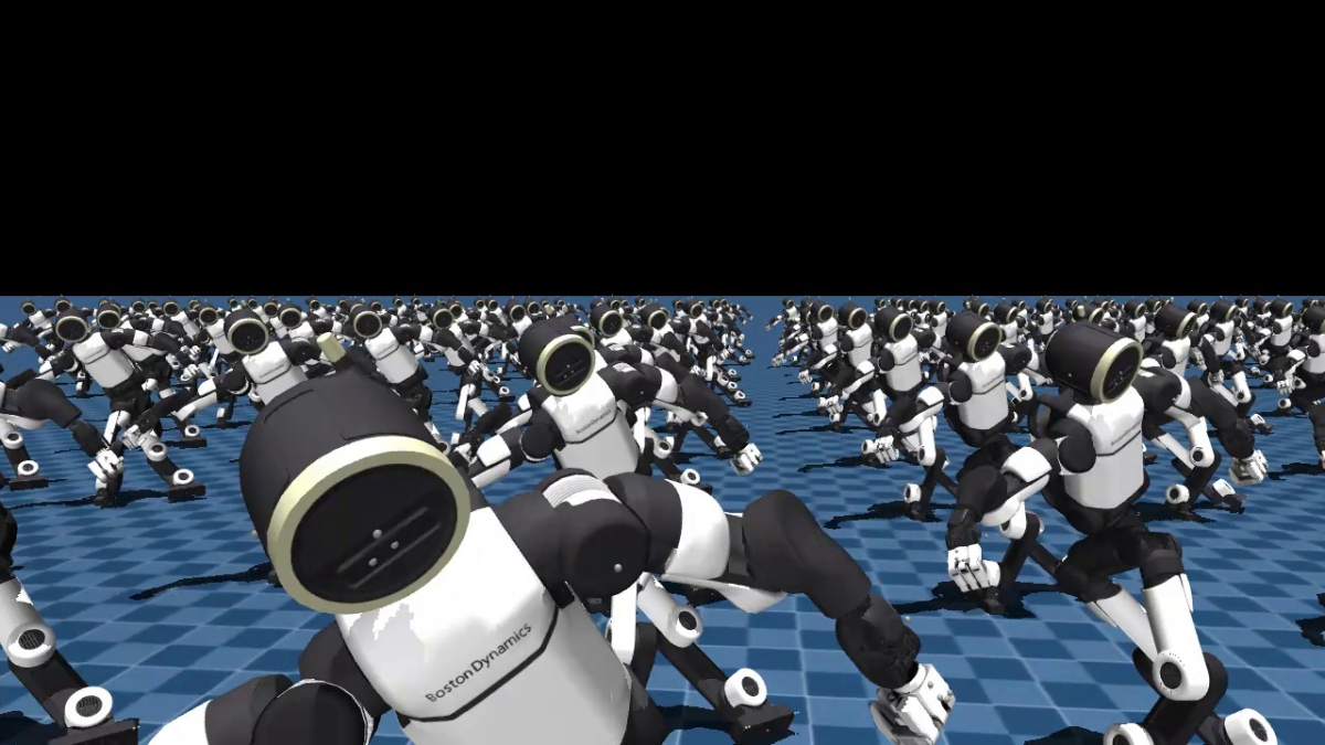 시뮬레이션 환경에서 강화학습(Reinforcement Learning)을 통해 킥 동작을 수행하는 모습. /사진제공=현대차그룹