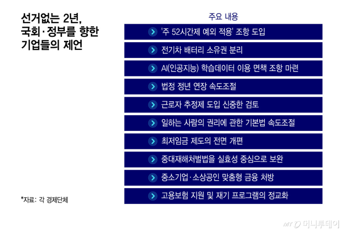 선거없는 2년, 국회·정부를 향한 기업들의 제언/그래픽=윤선정