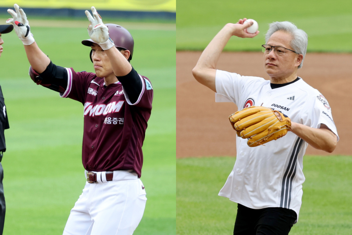 프로야구 키움 히어로즈의 서건창(37)이 경기 시구자로 나선 젠슨 황 엔비디아 최고경영자(CEO)의 사인을 받아볼 생각을 했다고 털어놨다. 사진은 왼쪽부터 키움 서건창, 젠슨 황 엔비디아 최고경영자(CEO). /사진=머니투데이 사진 DB