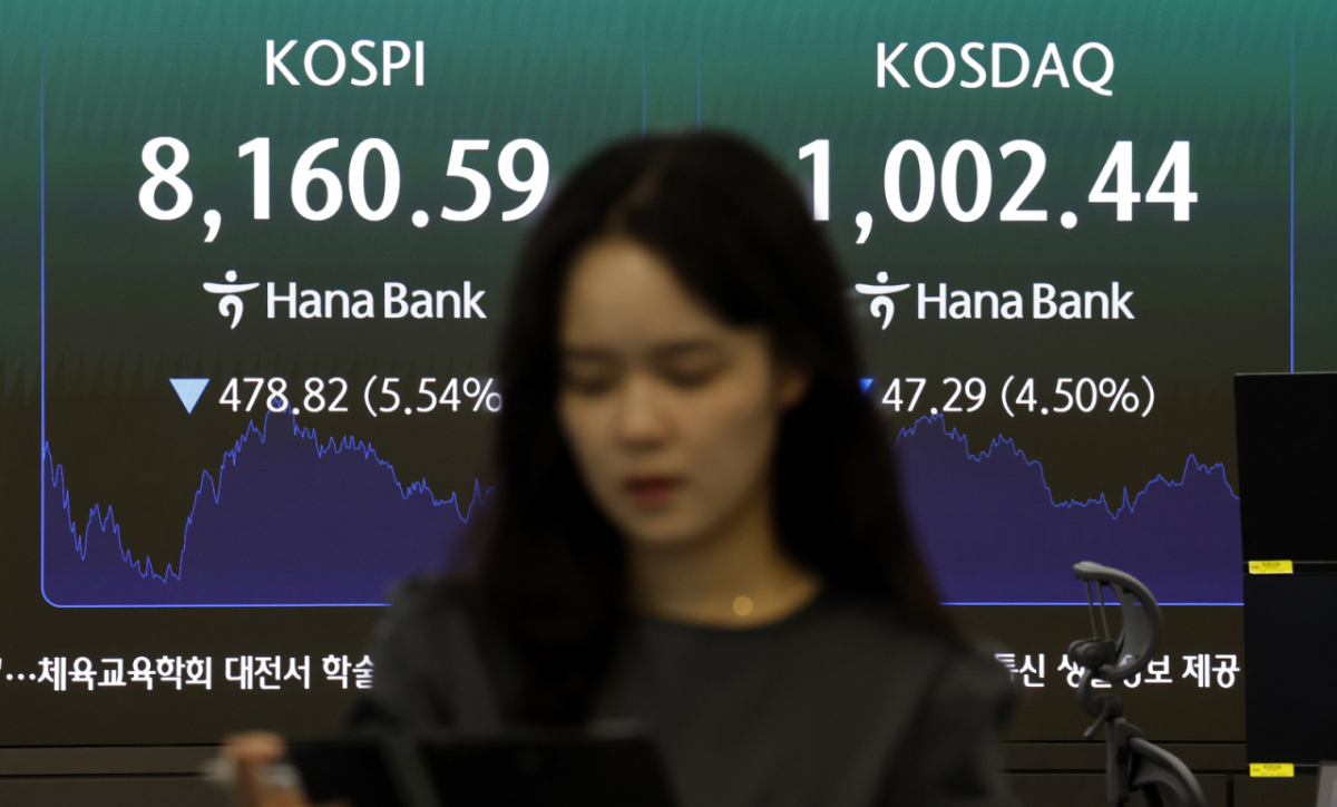 코스피가 전 거래일(8639.41)보다 478.82포인트(5.54%) 내린 8160.59에 마감한 5일 오후 서울 중구 하나은행 딜링룸 전광판에 지수가 표시 되고 있다. 코스닥 지수는 전 거래일(1049.73)보다 47.29포인트(4.50%) 하락한 1002.44에 거래를 마쳤다. 원·달러 환율은 전 거래일(1529.7원)보다 9.4원 오른 1539.1원에 주간 거래를 마감했다. /사진=뉴시스