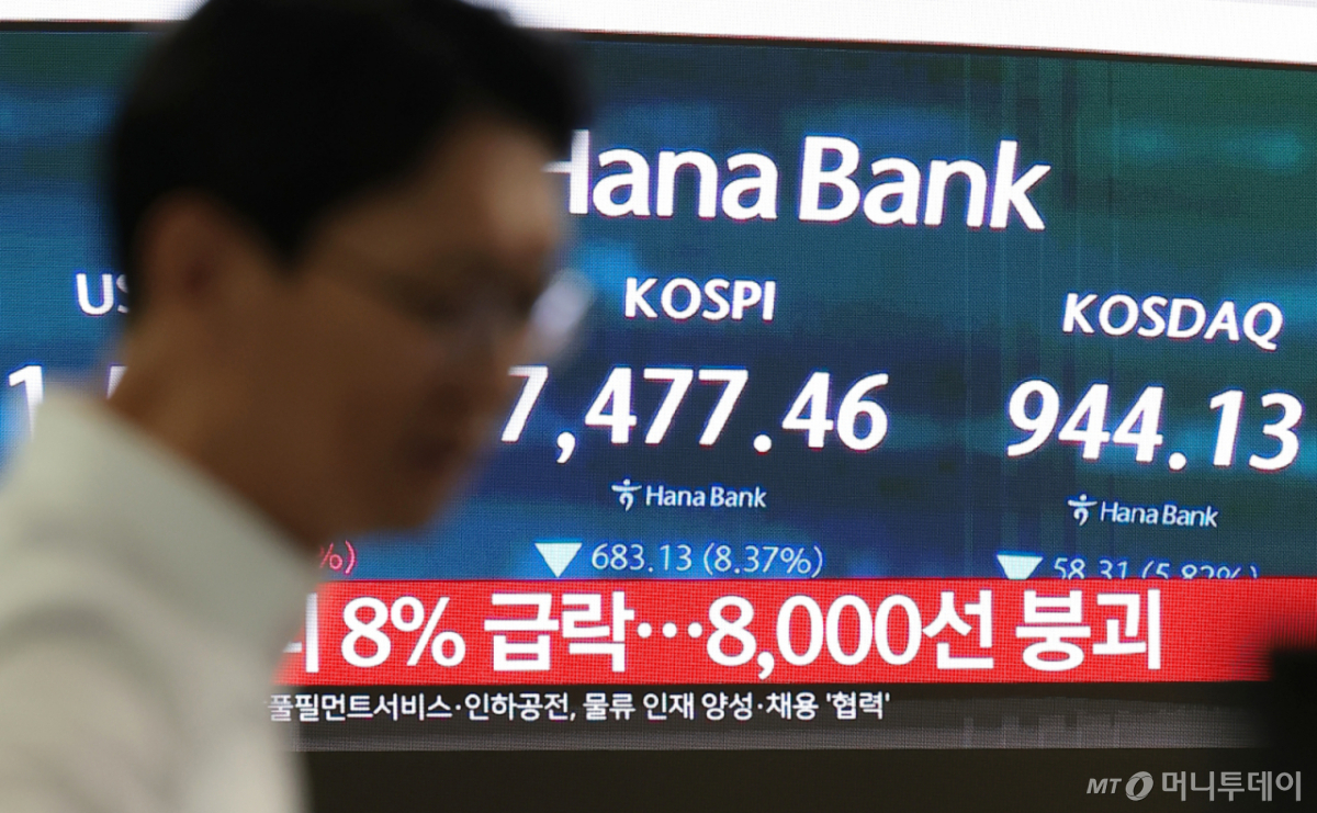 (서울=뉴스1) 권현진 기자 = 코스피 지수가 개장과 함께 폭락해 서킷 브레이커가 발동된 8일 오전 서울 중구 하나은행 딜링룸에 코스피 지수가 나타나고 있다. 2026.6.8/뉴스1 Copyright © 뉴스1. All rights reserved. 무단 전재 및 재배포, AI학습 이용 금지. /사진=(서울=뉴스1) 권현진 기자