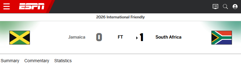 남아프리카공화국이 자메이카에 1-0으로 승리했다고 전한 ESPN 홈페이지. /사진=ESPN 홈페이지 캡처