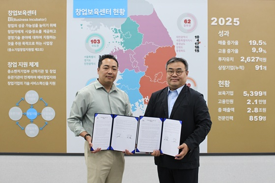 (사진 왼쪽부터)조영민 다임 대표와 송민용 한국창업보육협회 회장이 MOU를 체결하고 기념사진을 촬영 중이다/사진제공=다임